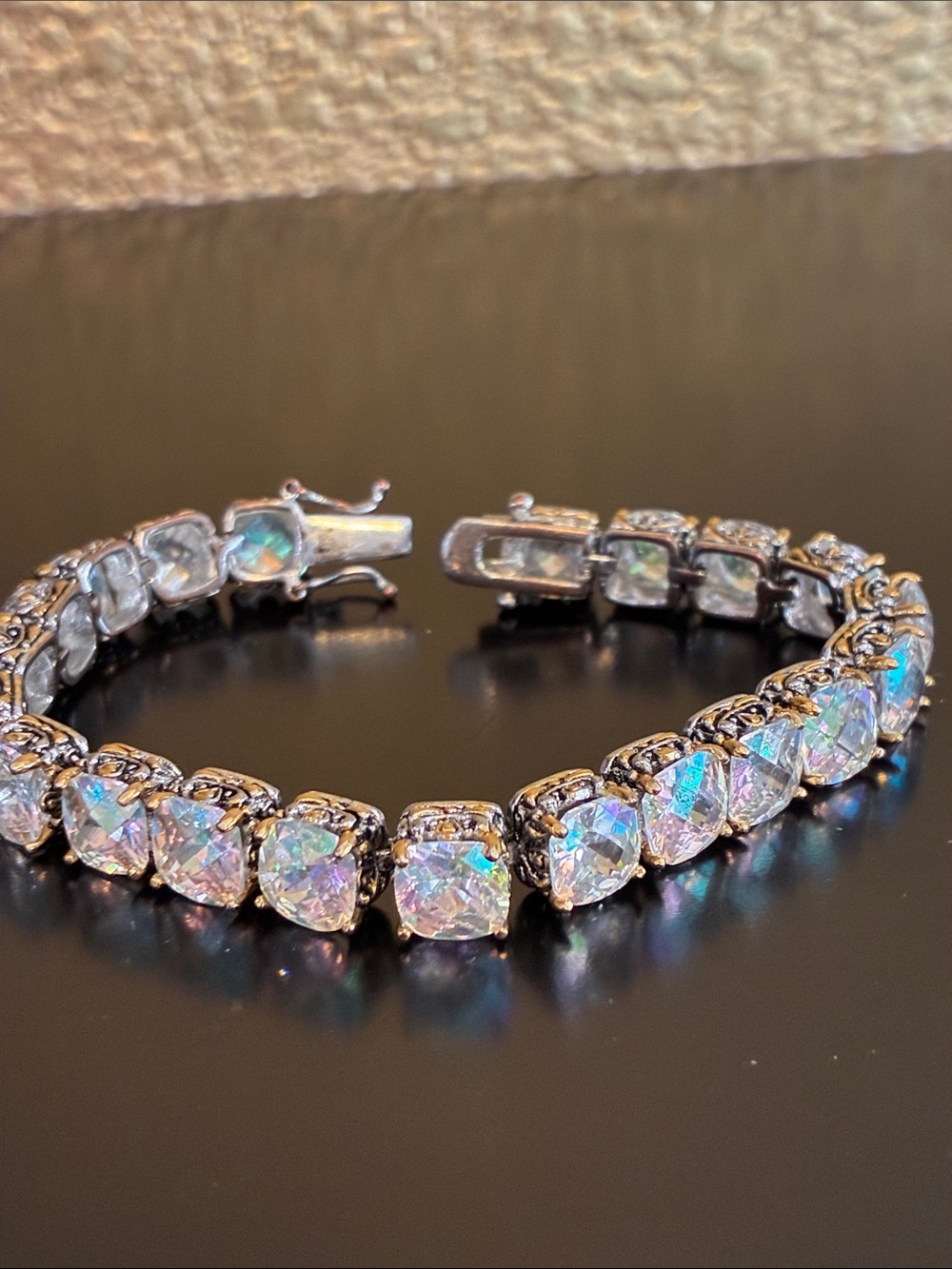 Sparkling Crystal Tennis Bracelet Aurora Borealis Cushion Cut Stones - Picture 6 of 7